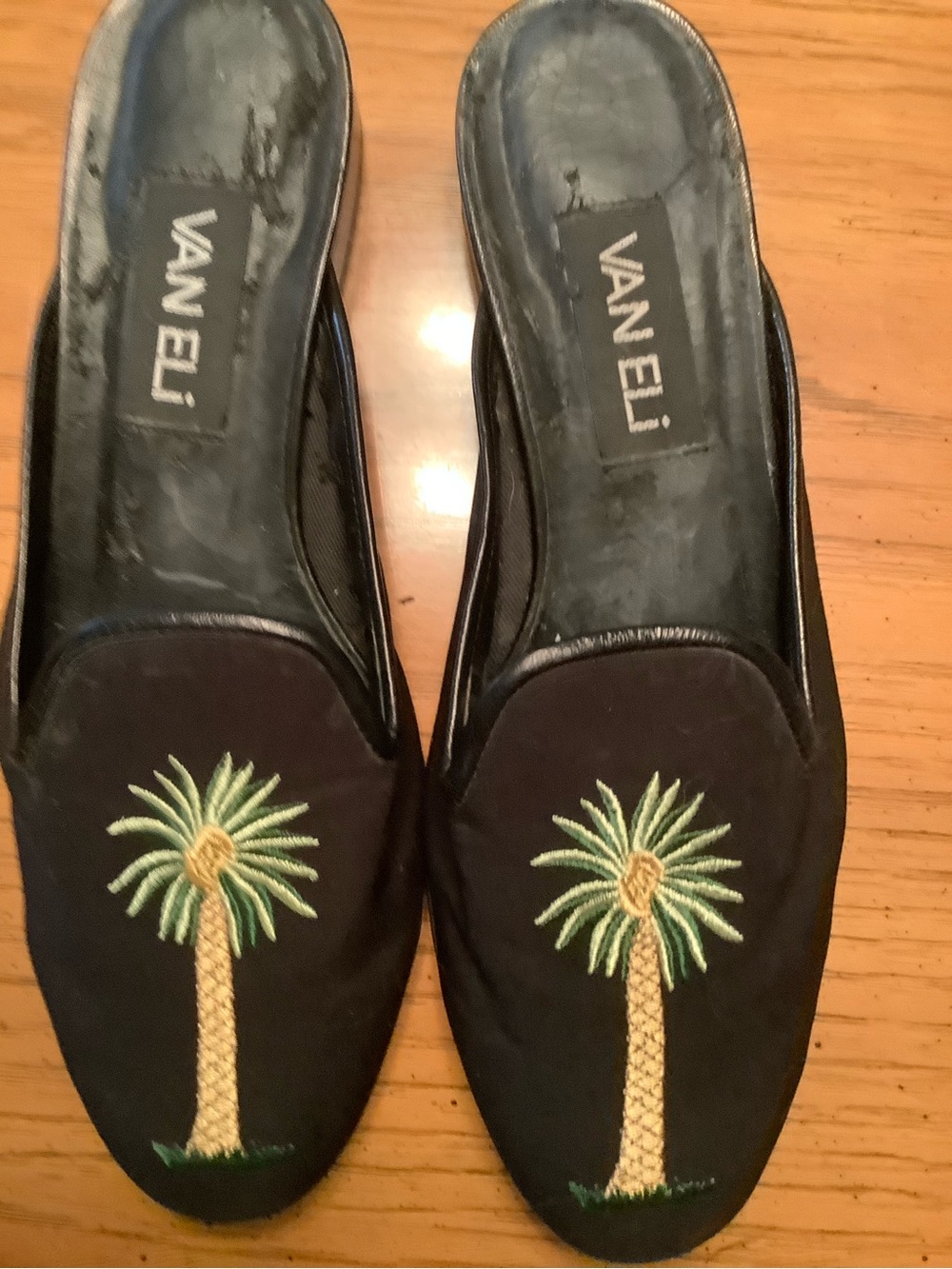 Vaneli Black Slip-On Mules with Green & Tan Palm Embroidery